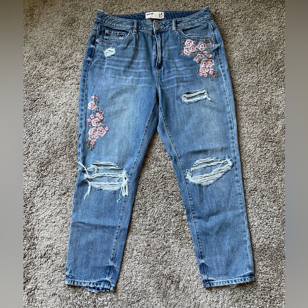 Garage Distressed Embroidered Flower Denim Jeans